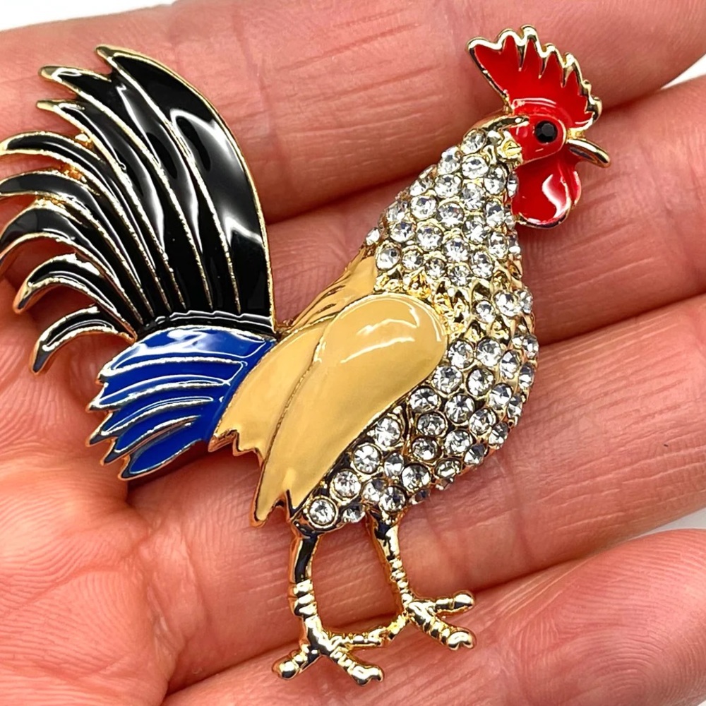 Rooster Brooch Rhinestone Rooster Pin - Picture 3 of 4
